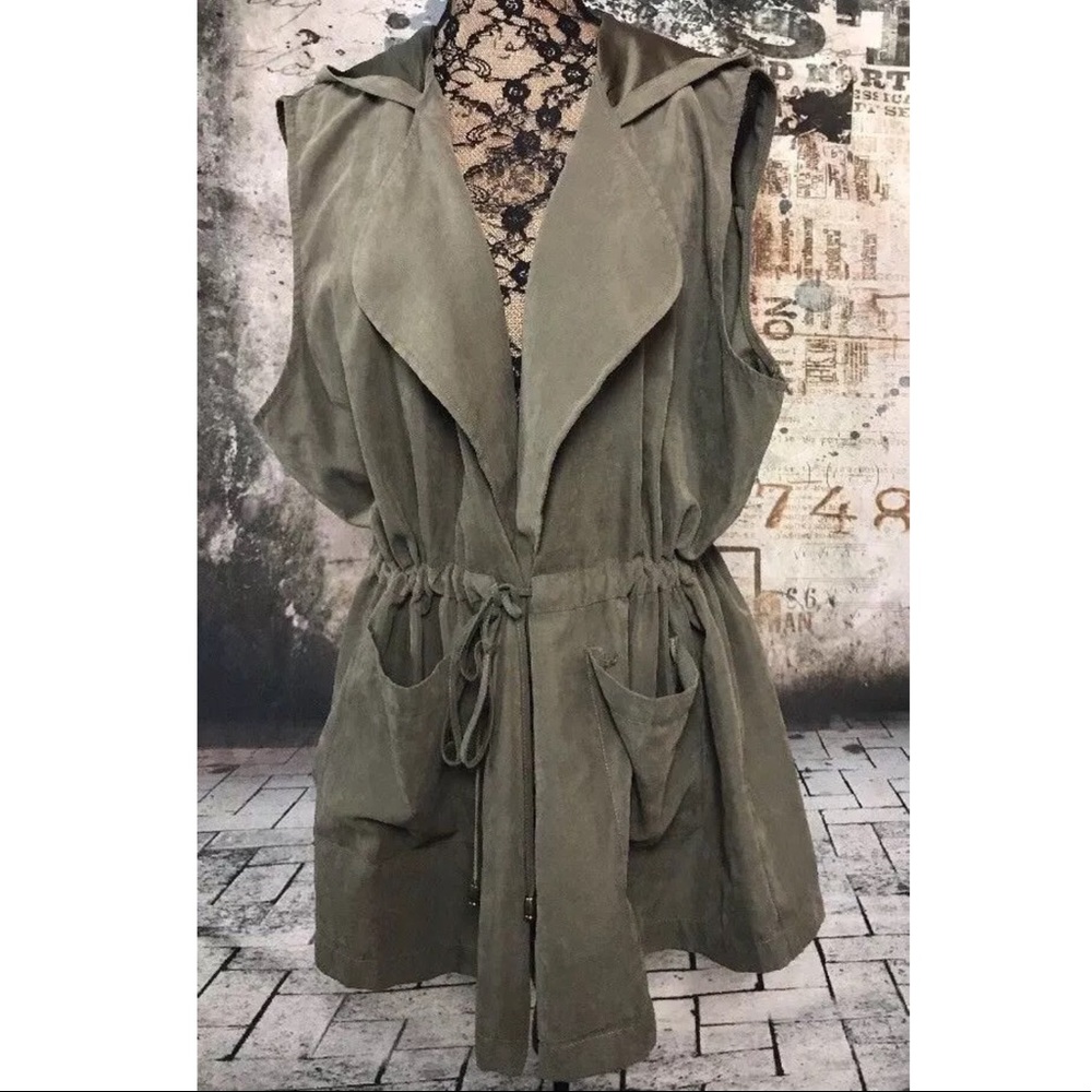 Plus 3X Khaki Green Lightweight Hooded Tie Up Vest